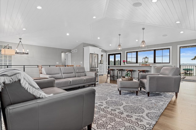 804 County Road I W, Shoreview, MN 55126 - living area with recessed lighting, light wood-style floors, lofted ceiling, wood ceiling, and a chandelier
