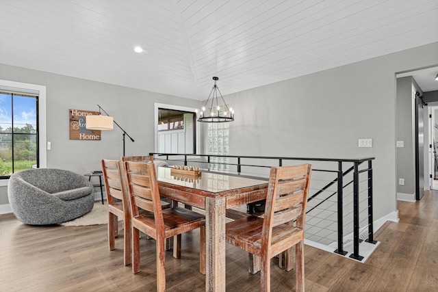 804 County Road I W, Shoreview, MN 55126 - dining area with a chandelier, wood finished floors, vaulted ceiling, and wooden ceiling