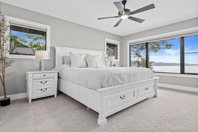 804 County Road I W, Shoreview, MN 55126 - bedroom with multiple windows, light colored carpet, a water view, and ceiling fan