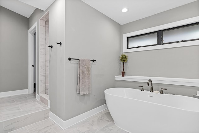 804 County Road I W, Shoreview, MN 55126 - bathroom with marble look tiles, a soaking tub, a shower stall, and recessed lighting
