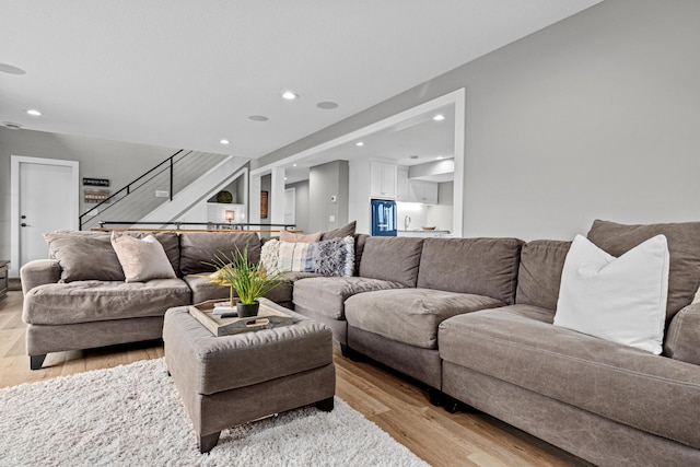 804 County Road I W, Shoreview, MN 55126 - living room with light wood-style flooring, stairway, and recessed lighting