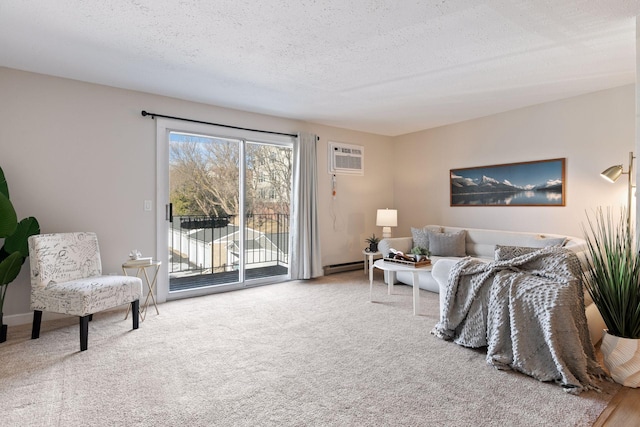 living area featuring carpet, baseboards, a baseboard radiator, an AC wall unit, and a textured ceiling