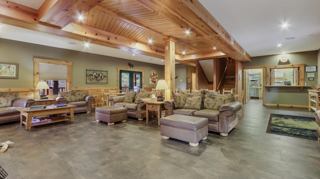 18059 County Highway Oo, Chippewa Falls, WI 54729 - living area with finished concrete floors and a wooden ceiling with exposed beams