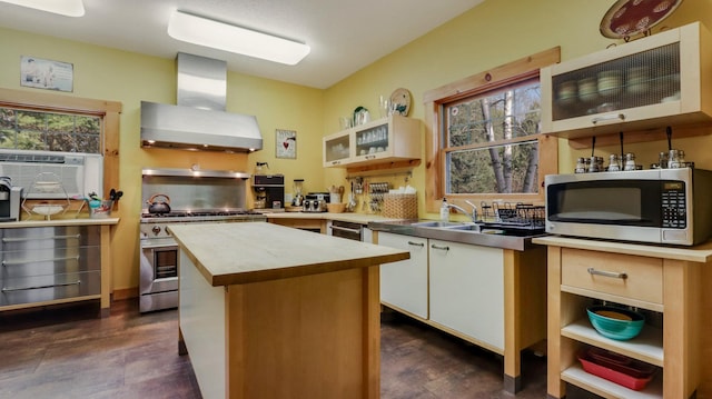 kitchen featuring white cabinetry, sink, stainless steel appliances, extractor fan, and a kitchen island