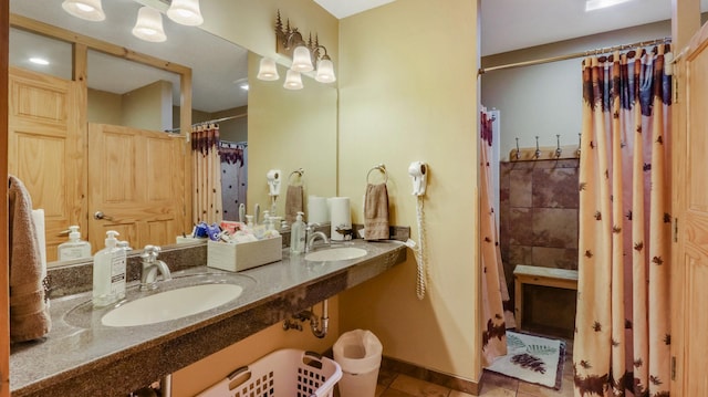 18059 County Highway Oo, Chippewa Falls, WI 54729 - bathroom featuring tile patterned flooring, curtained shower, and double vanity