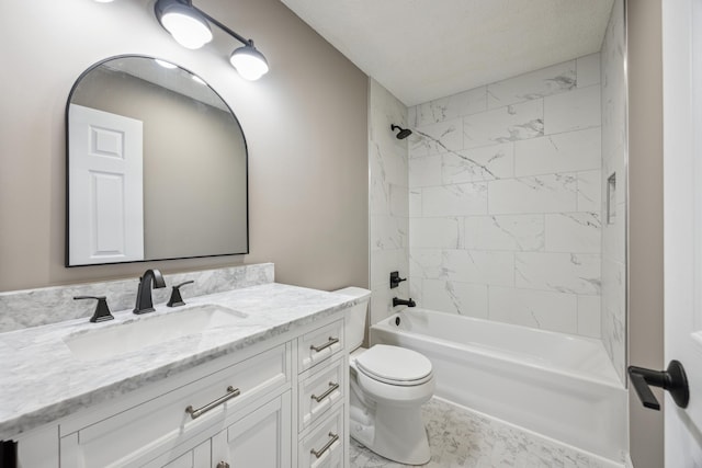 full bathroom with tiled shower / bath combo, toilet, a textured ceiling, and vanity