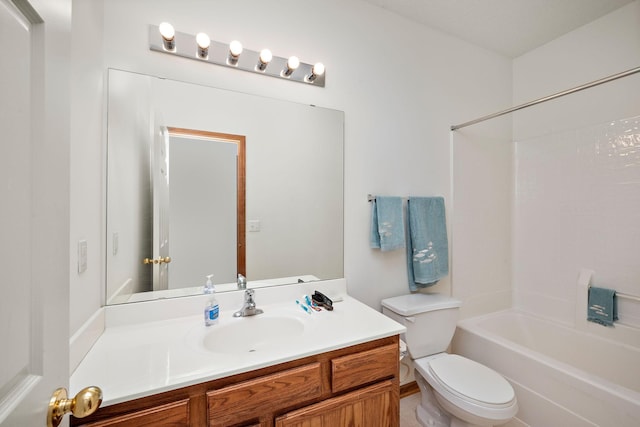 full bathroom featuring vanity, bathing tub / shower combination, and toilet