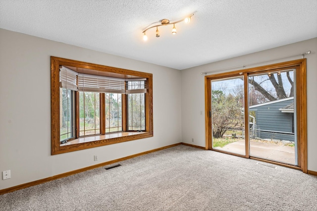 unfurnished room featuring carpet and a textured ceiling