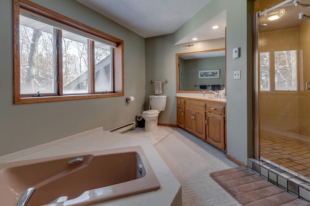 bathroom with a bath, visible vents, a stall shower, a baseboard heating unit, and toilet