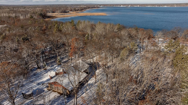 aerial view with a forest view and a water view