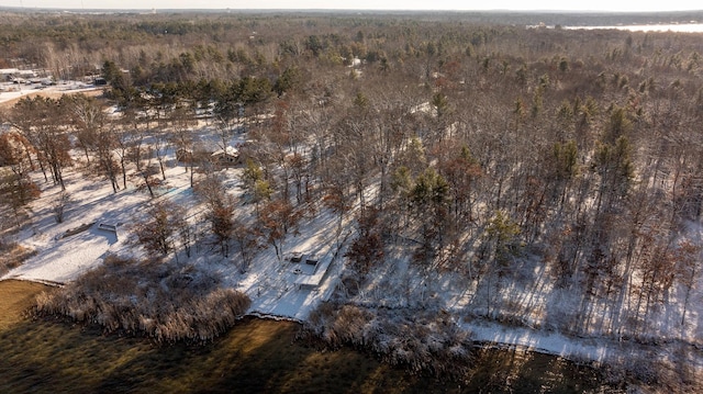 drone / aerial view featuring a forest view