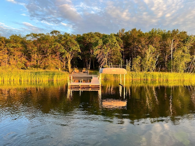 view of dock featuring boat lift, a wooded view, and a water view