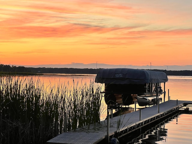 dock area with a water view and boat lift