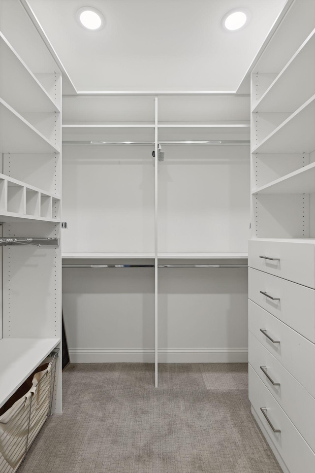 walk in closet with light carpet