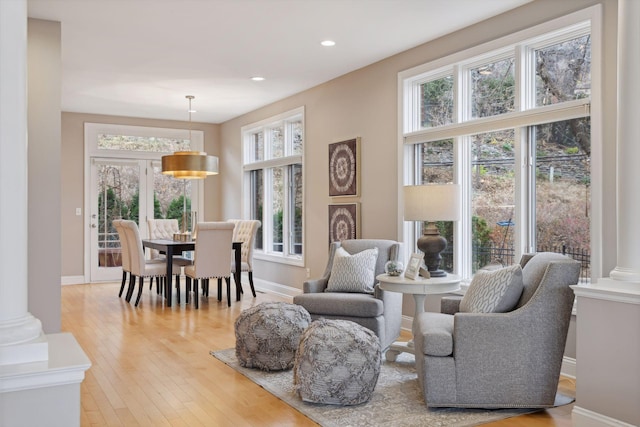 sitting room featuring light hardwood / wood-style floors, ornate columns, and a wealth of natural light