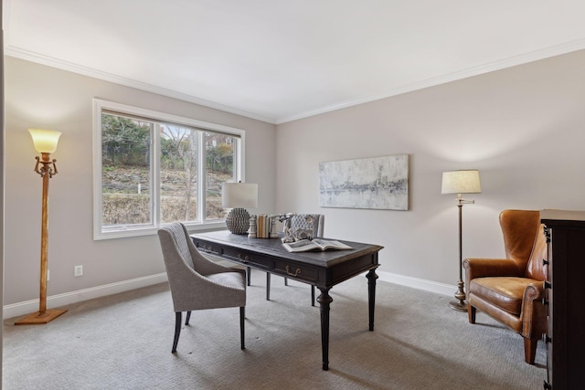 carpeted office space featuring ornamental molding