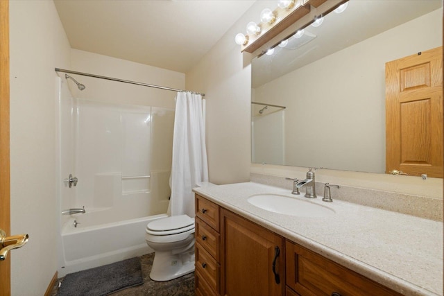 full bathroom featuring vanity, shower / bath combo, and toilet