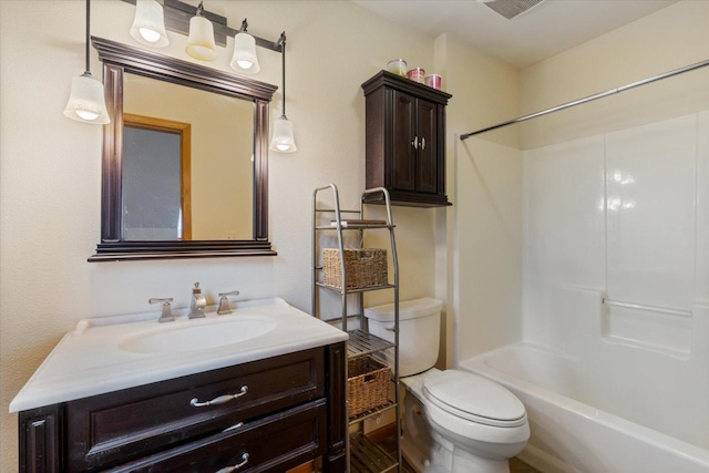 full bathroom featuring shower / bathing tub combination, vanity, and toilet