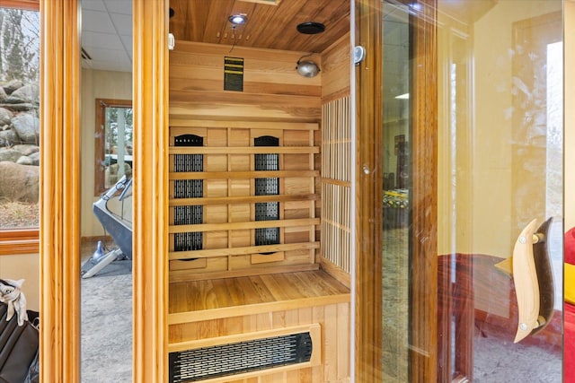 view of sauna featuring carpet floors