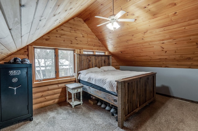 bedroom with lofted ceiling, log walls, carpet, and wood ceiling