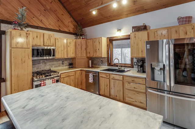 kitchen featuring light brown cabinets, stainless steel appliances, and a sink