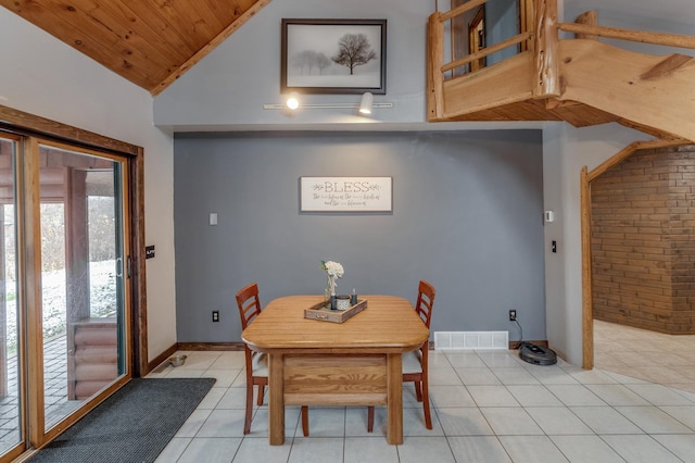 dining room featuring light tile patterned floors, visible vents, wood ceiling, vaulted ceiling, and baseboards