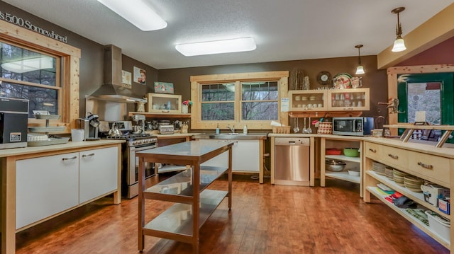 kitchen featuring white cabinets, hanging light fixtures, wall chimney exhaust hood, wood-type flooring, and stainless steel appliances