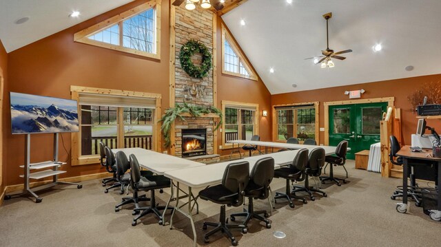 18061 County Highway Oo, Chippewa Falls, WI 54729 - interior space with high vaulted ceiling, a ceiling fan, and a fireplace
