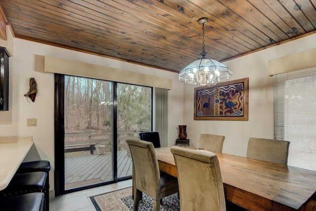 dining area featuring a chandelier, light tile patterned flooring, and wooden ceiling