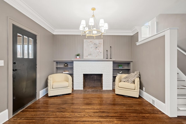 living area with a fireplace, ornamental molding, and dark wood-type flooring