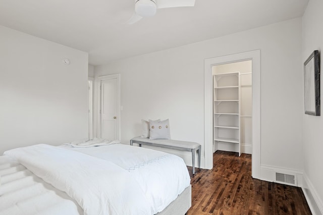 bedroom featuring dark hardwood / wood-style flooring, a spacious closet, a closet, and ceiling fan