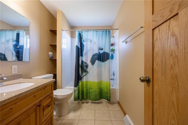 full bathroom with tile patterned floors, vanity, shower / tub combo, and toilet