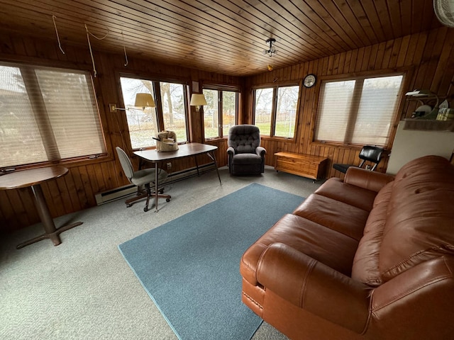 carpeted living room featuring lofted ceiling, wooden ceiling, and wood walls