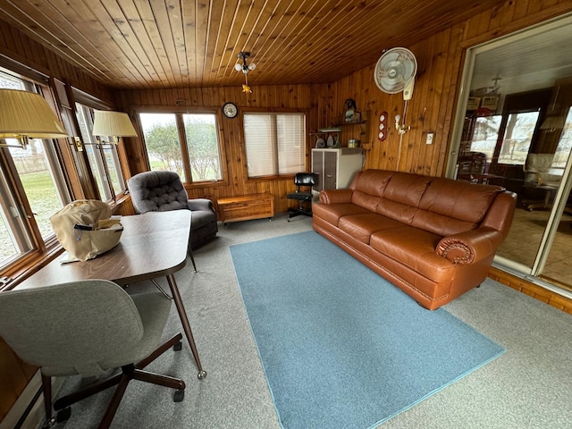 carpeted living room with wood walls and wood ceiling