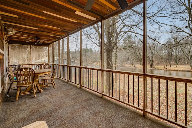 unfurnished sunroom featuring ceiling fan, a water view, and wood ceiling