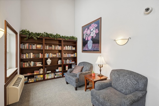 living area featuring carpet and a wall mounted AC