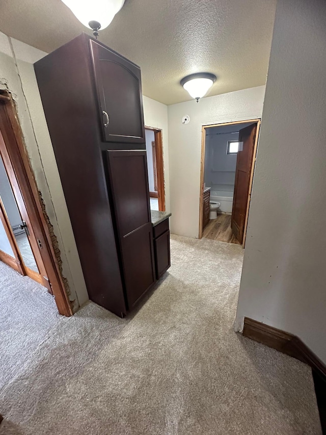 corridor featuring light carpet and a textured ceiling