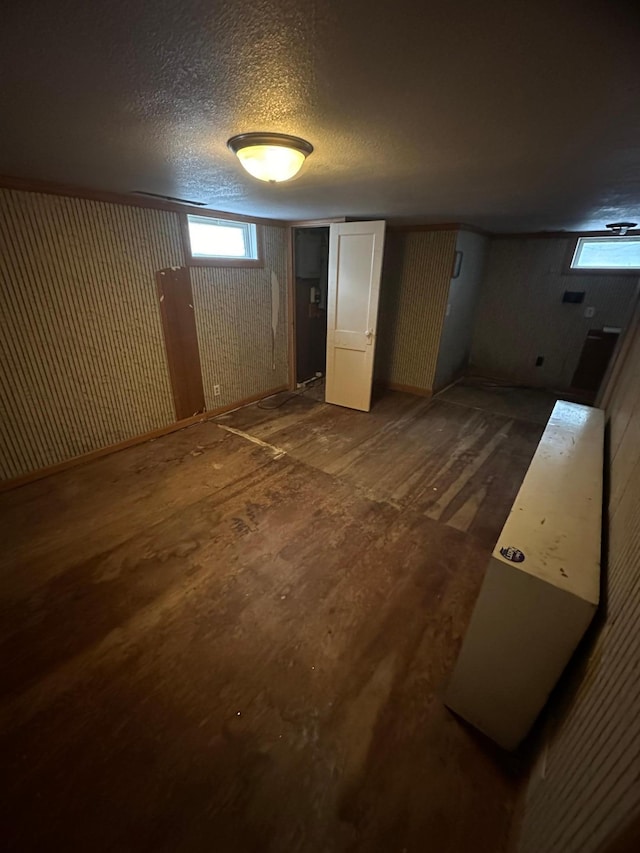 basement featuring dark hardwood / wood-style floors and a textured ceiling