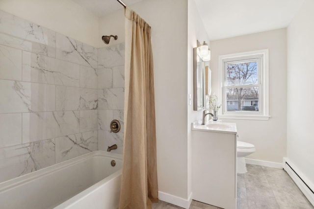 full bathroom with shower / bath combo, tile patterned floors, vanity, a baseboard radiator, and toilet