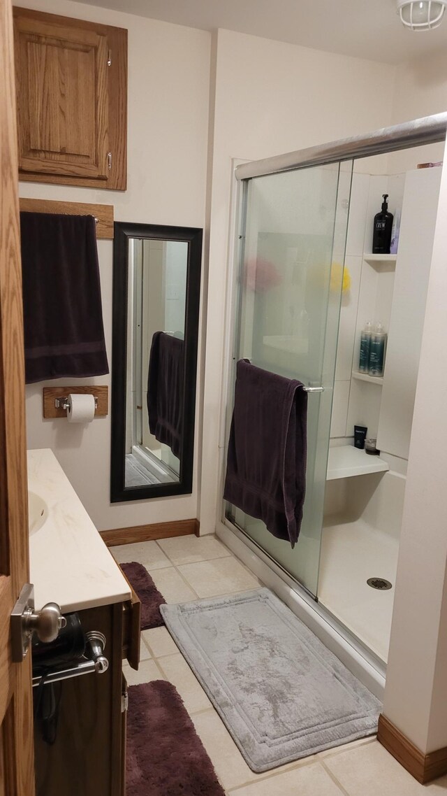 2287 32nd Ave SW, Pine River, MN 56474 - bathroom featuring a shower stall, vanity, tile patterned floors, and baseboards