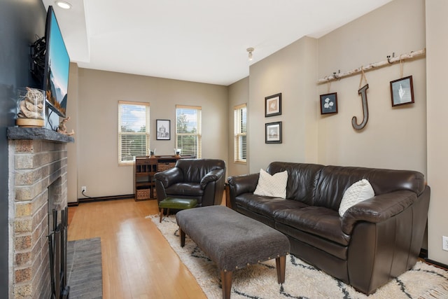 living room featuring a fireplace and light hardwood / wood-style flooring