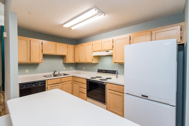 kitchen featuring dishwasher, white refrigerator, sink, electric range, and a textured ceiling