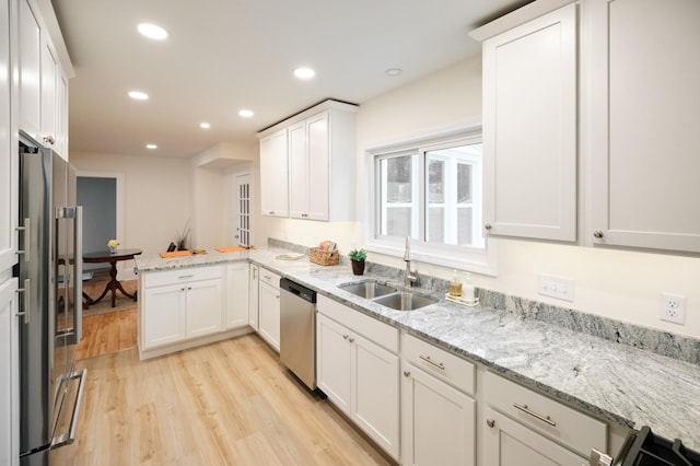 kitchen with kitchen peninsula, sink, white cabinets, and stainless steel appliances