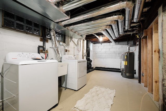 washroom with washing machine and clothes dryer and water heater