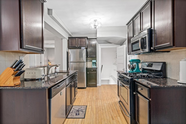 kitchen with sink, decorative backsplash, dark stone counters, stainless steel appliances, and dark brown cabinets