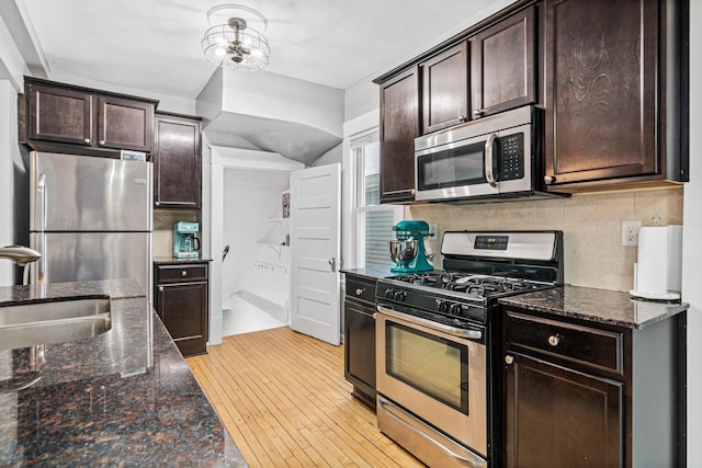 kitchen with dark stone countertops, sink, backsplash, and stainless steel appliances