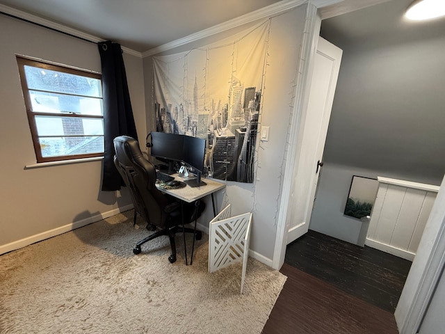 office space featuring wood finished floors, baseboards, and ornamental molding
