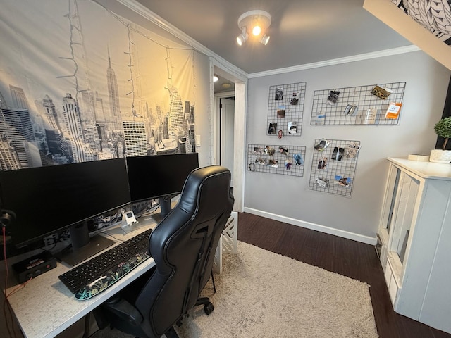 home office with crown molding, baseboards, and wood finished floors