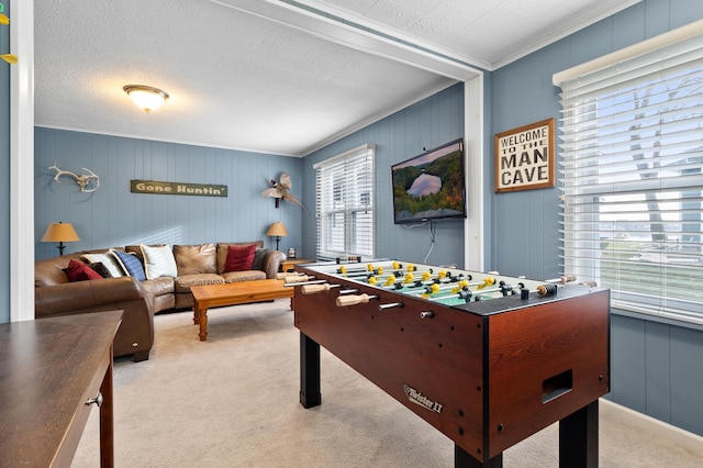 playroom featuring a textured ceiling, crown molding, and carpet