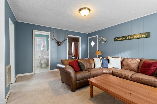 living area featuring a textured ceiling, light colored carpet, baseboards, and ornamental molding